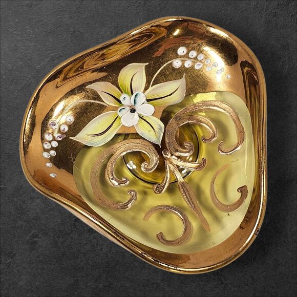 Murano Style Amber Glass Triangle Dish Gold Gilt Hand Painted Flower Trinket MCM - Picture 1 of 5